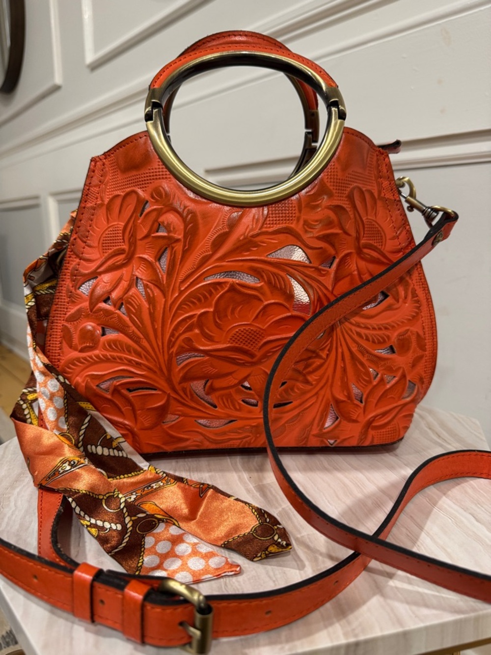 Patricia Nash Bag Aria Double Ring Orange Leather Floral Laser Cut Crossbody - Picture 4 of 17
